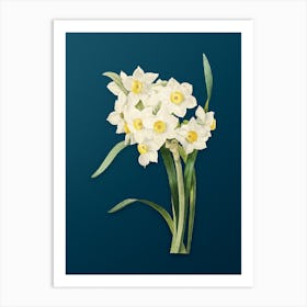 Vintage Bunch Flowered Daffodil Botanical Art on Teal Blue n.0913 Art Print