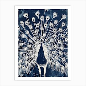 Navy Blue Linocut Inspired Peacock With Feathers Out 2 Art Print