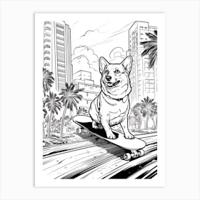 Pembroke Welsh Corgi Dog Skateboarding Line Art 2 Art Print