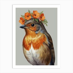 Robin With Flower Crown Style2 Watercolor Art Print