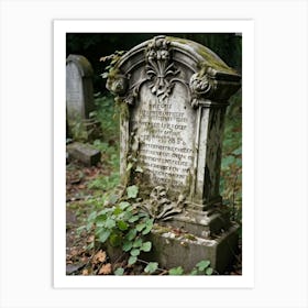 Frontal View Of A Weather Beaten Gravestone Detailing The Worn Engravings Of The Departed Soul Indi (3) Art Print