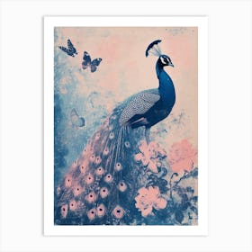 Pink & Blue Peacock Cyanotype Inspired With Butterflies 1 Art Print