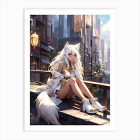 Anime Girl Sitting On A Ledge Art Print