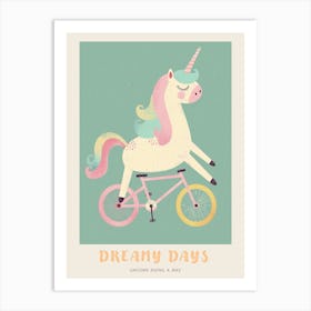 Pastel Storybook Style Unicorn On A Bike 4 Poster Art Print