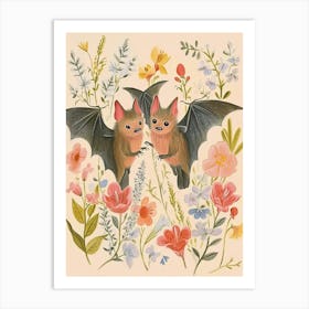Folksy Floral Animal Drawing Bat Art Print