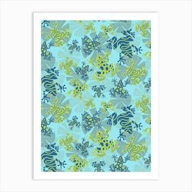 Playful Green And Blue Frogs Frolicking Across A Canvas Of Overlapping Gray Lily Pads On A Light Blue Background Art Print