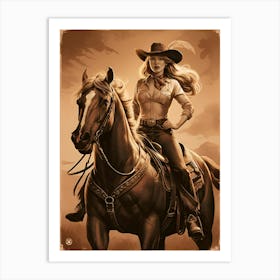 Cowgirl On Horse Vintage Poster 3 Art Print