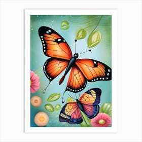 Butterfly And Flower Painting Art Print