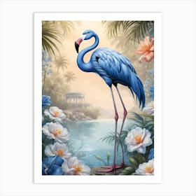 Floral Blue Flamingo Painting (13) Art Print