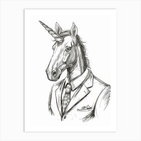 Unicorn In A Suit & Tie Black And White Doodle 2 Art Print