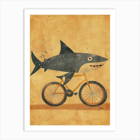 Shark Riding A Bike Mustard & Blue Art Print