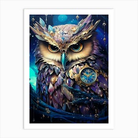 Owl With A Clock Art Print