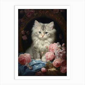 Cat With Pink Flowers Rococo Style 2 Art Print