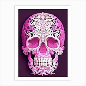 Skull With Intricate Henna Designs 1 Pink Line Drawing Art Print