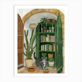 Cat In The Library Art Print