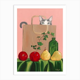 Cat In Paperbag With Apples And Pears Art Print