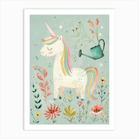 Cute Unicorn In The Garden With A Watering Can Art Print