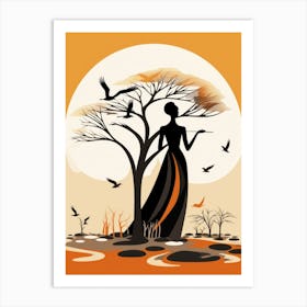 African Woman With Birds And Tree Art Print