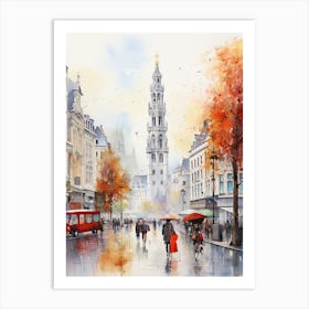 Brussels Belgium In Autumn Fall, Watercolour 4 Art Print