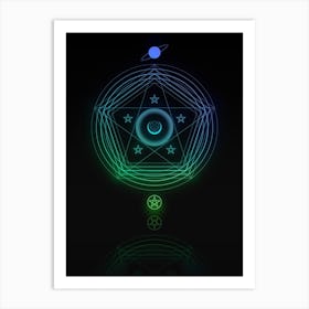 Neon Blue and Green Abstract Geometric Glyph on Black n.0053 Art Print