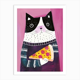 Happy Black And White Cat Pizza Lover Folk Illustration 1 Art Print