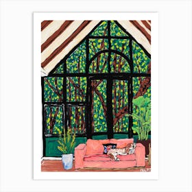 Springer Spaniel Napping On A Pink Couch In A Fantasy Tree House Room Art Print