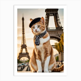 Roaming Paws: Feline Adventures Abroad Cat In Paris Eiffel Tower Art Print