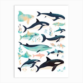 Cute Pastel Orca Whale And Sealife 2 Art Print