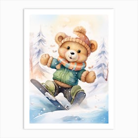 Snowboarding Teddy Bear Painting Watercolour 1 Art Print