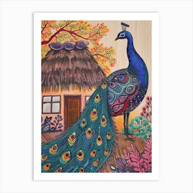 Peacock Outside A Thatched Cottage Illustration 3 Art Print