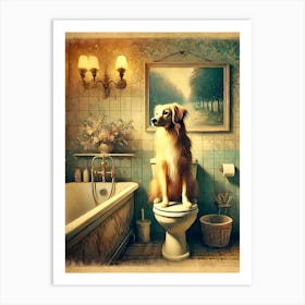 Golden Retriever in a Vintage Bathroom Scene Art Print