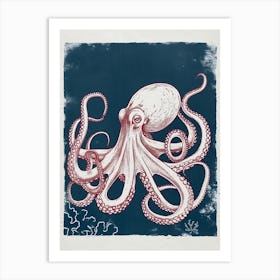 Retro Red Navy Octopus Linocut Style 7 Art Print