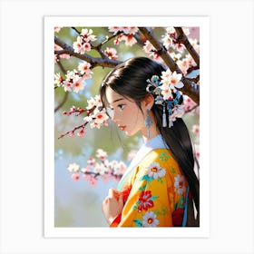 Chinese Girl In Cherry Blossoms Art Print