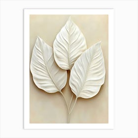 Three White Leaves On A Beige Background Art Print