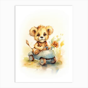 Playing With Toy Car Watercolour Lion Art Painting 3 Art Print