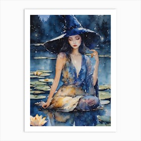 Blue Lotus Witch ~ Fairytale Witchy Pagan Elven Full Moon Witchcraft Oriental Watercolor Painting Sacred Spirit Art Print