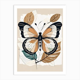 Boho Minimalist Butterfly with Leaves v3 Art Print