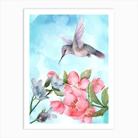 Watercolor Hummingbird And Flowers Art Print