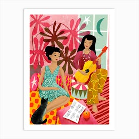 House Music Ladies With Guitar And Cat Art Print