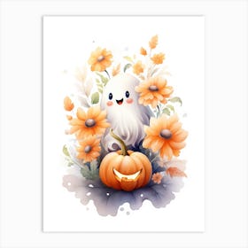 Cute Ghost With Pumpkins Halloween Watercolour 154 Art Print