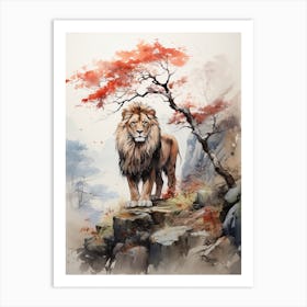 Lion, Japanese Brush Painting, Ukiyo E, Minimal 3 Art Print