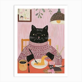 Black Cat Eating Pasta Folk Illustration 4 Art Print