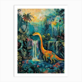 Dinosaur By A Waterfall Landscape Painting 1 Art Print