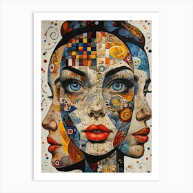 Abstract Triple Face Portrait with Vibrant Patterns and Artistic Details Art Print