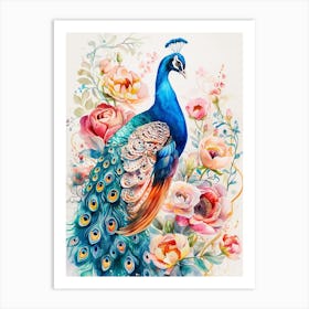 Storybook Style Floral Peacock Illustration 1 Art Print