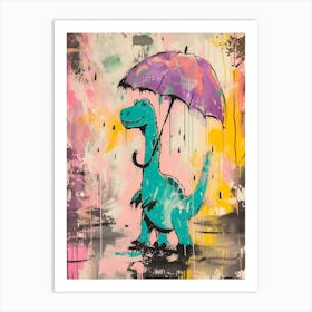 Dinosaur In The Rain Holding An Umbrella Teal Purple 2 Art Print