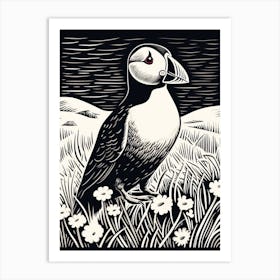 B&W Bird Linocut Puffin 1 Art Print
