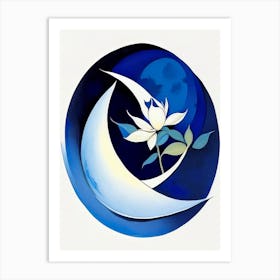 Crescent Moon And Lotus Symbol Blue And White Line Drawing Art Print