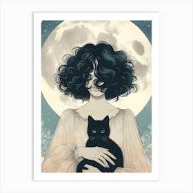 Black cat and mysterious woman under glowing moonlight Art Print