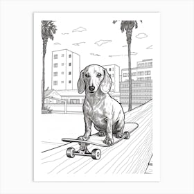 Dachshund Dog Skateboarding Line Art 2 Art Print
